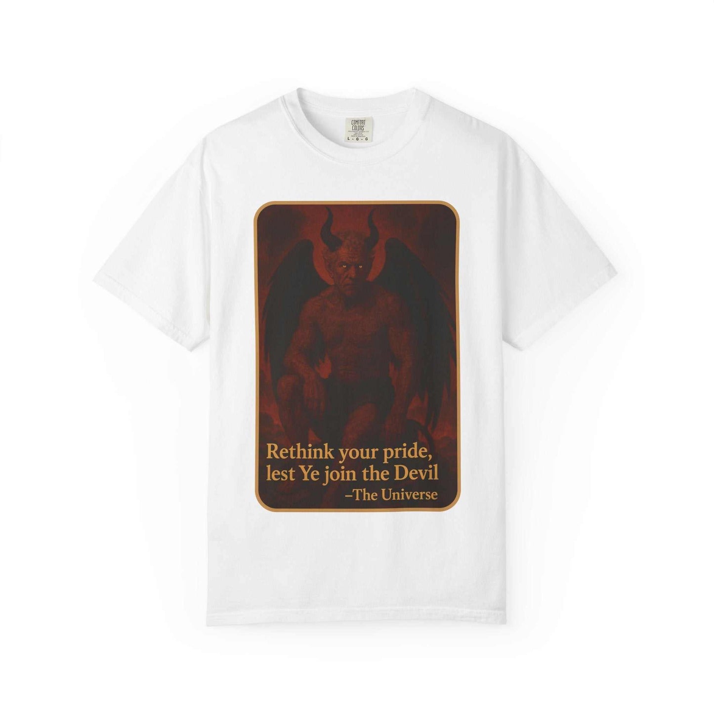 White unisex t-shirt with dyed cotton featuring a dark devil graphic and "Rethink your pride" quote.