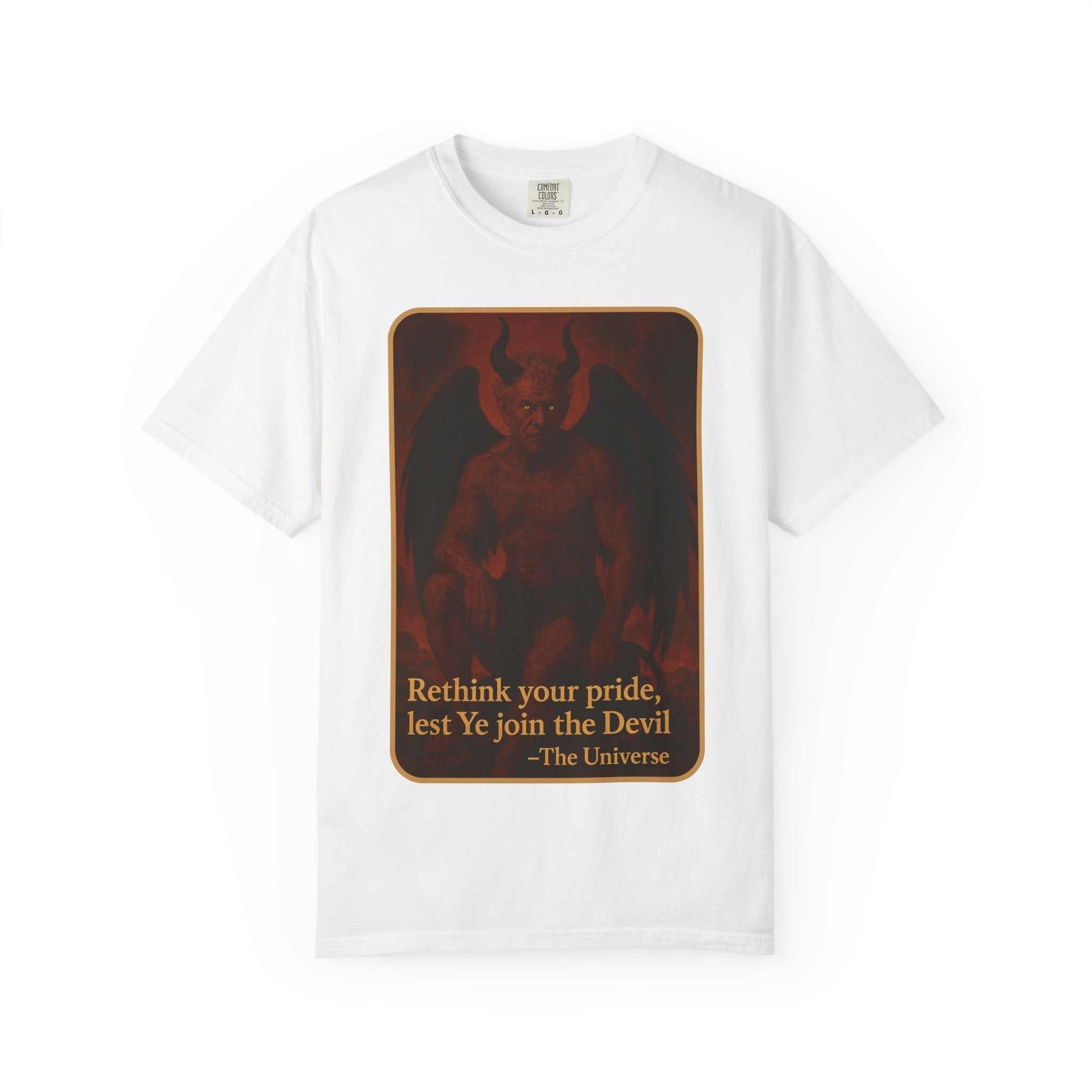 White unisex t-shirt with dyed cotton featuring a dark devil graphic and "Rethink your pride" quote.
