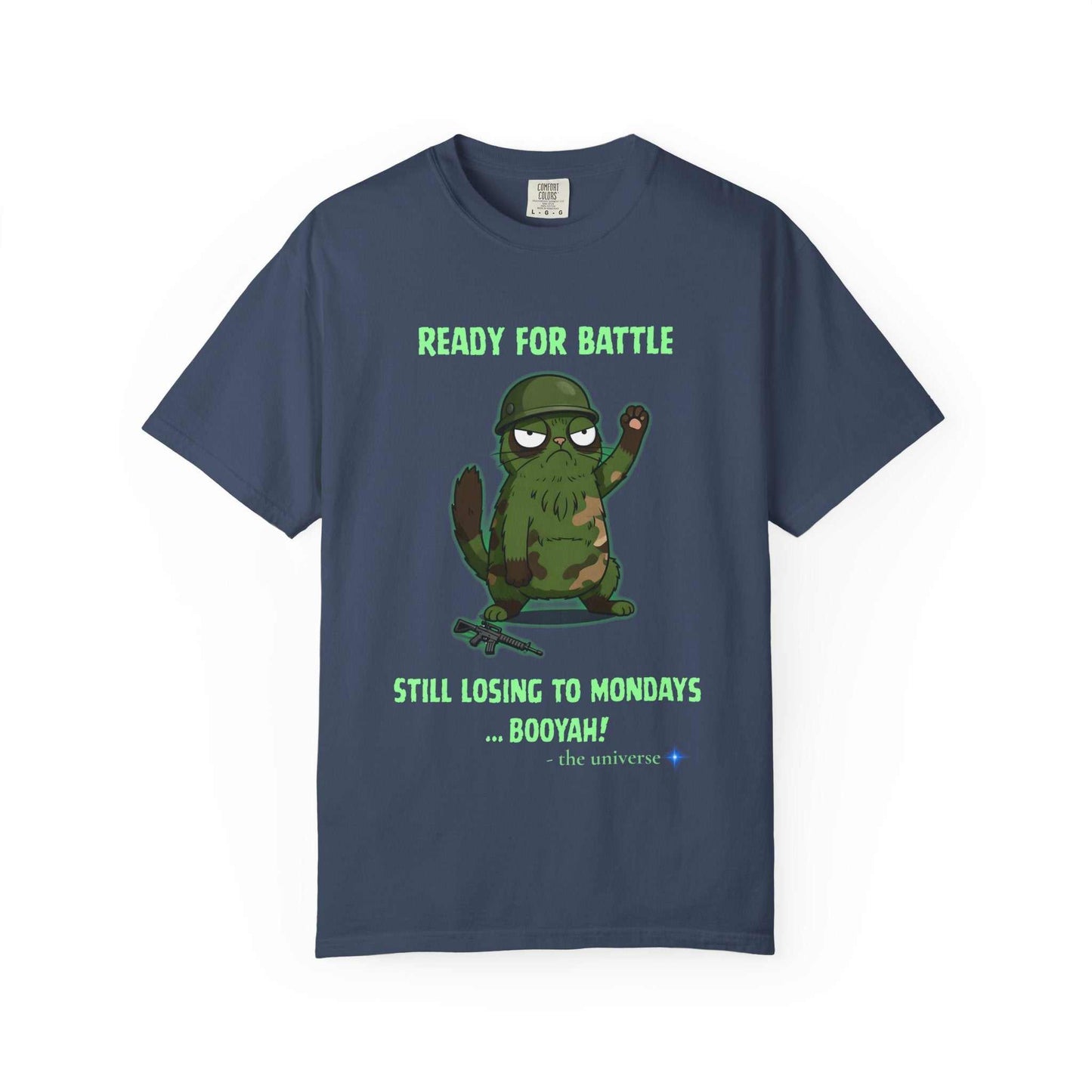 Funny Military Sloth T-Shirt with battle-ready sloth graphic and humorous text on navy blue Comfort Colors garment dyed cotton tee
