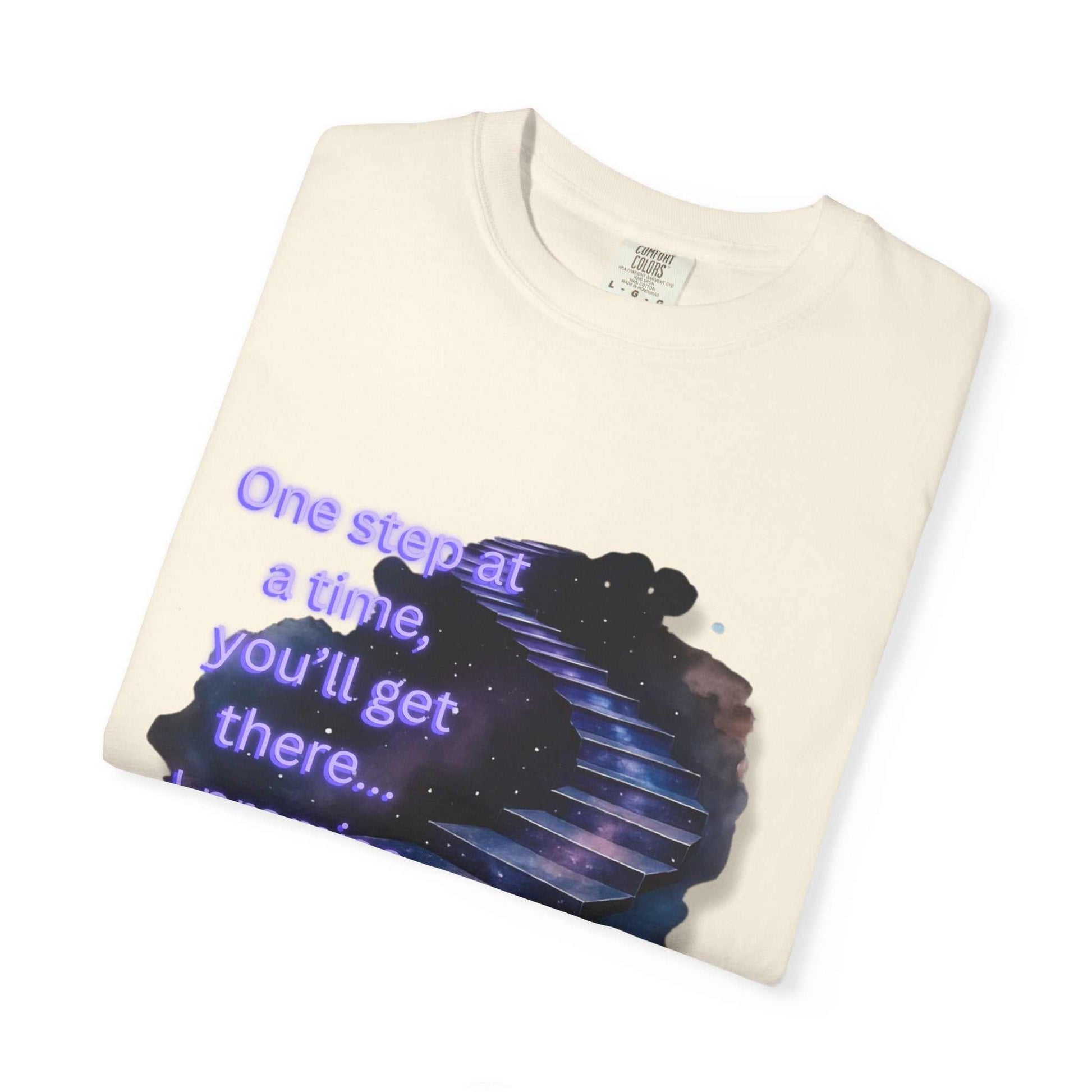 Comfort Colors Motivational Stairway T-Shirt with starry staircase and inspirational quote on soft garment-dyed cotton tee