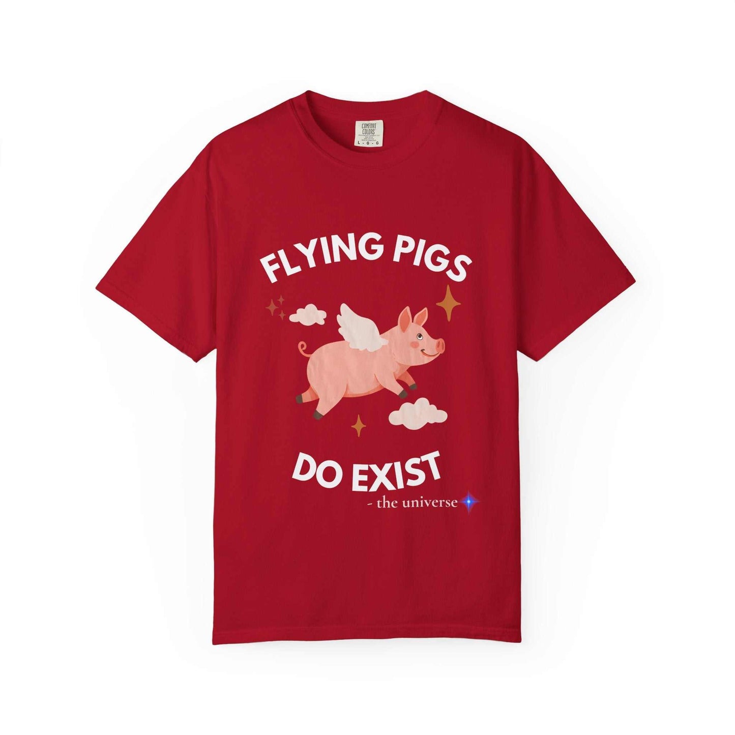 Red cotton Flying Pigs T-Shirt with whimsical flying pig graphic and optimistic text design