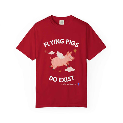 Red cotton Flying Pigs T-Shirt with whimsical flying pig graphic and optimistic text design