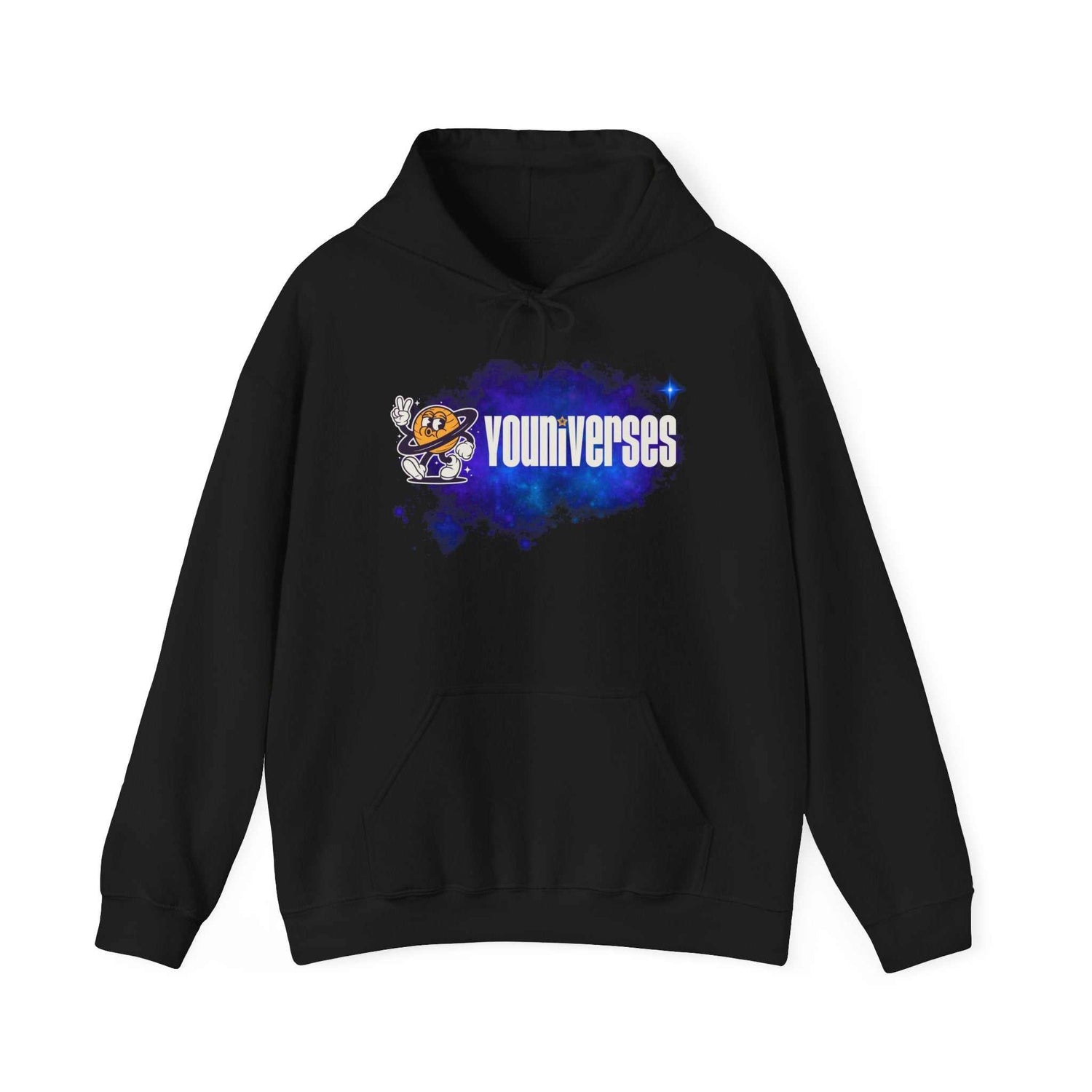 Black Youniverses Space Logo Hoodie with cute astronaut and watercolor nebula graphic pullover