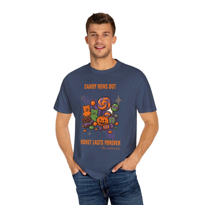 A navy blue t-shirt with a graphic of Halloween candy and the text "Candy Runs Out Regret Lasts Forever".