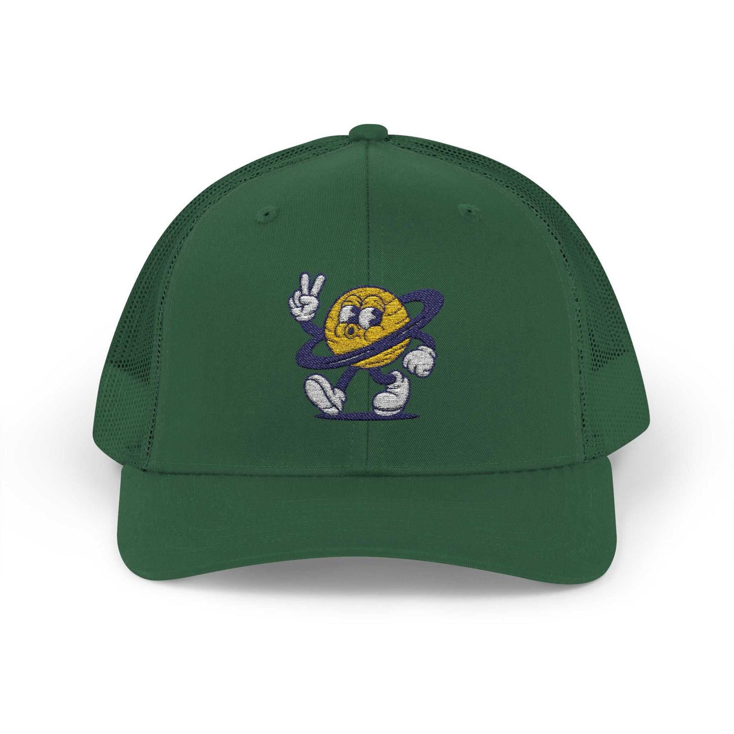 green Planet Smile Trucker Cap with retro cartoon planet patch and breathable mesh back