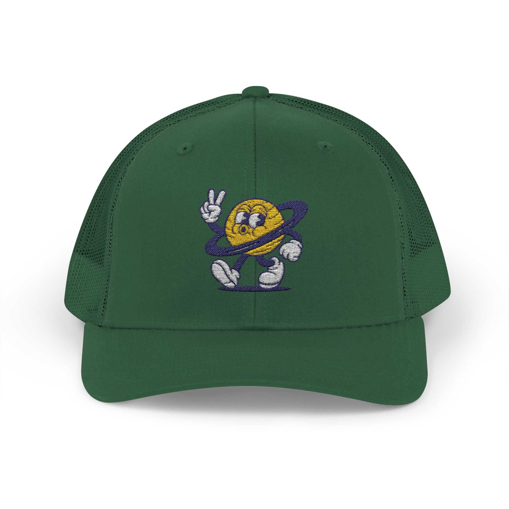 green Planet Smile Trucker Cap with retro cartoon planet patch and breathable mesh back