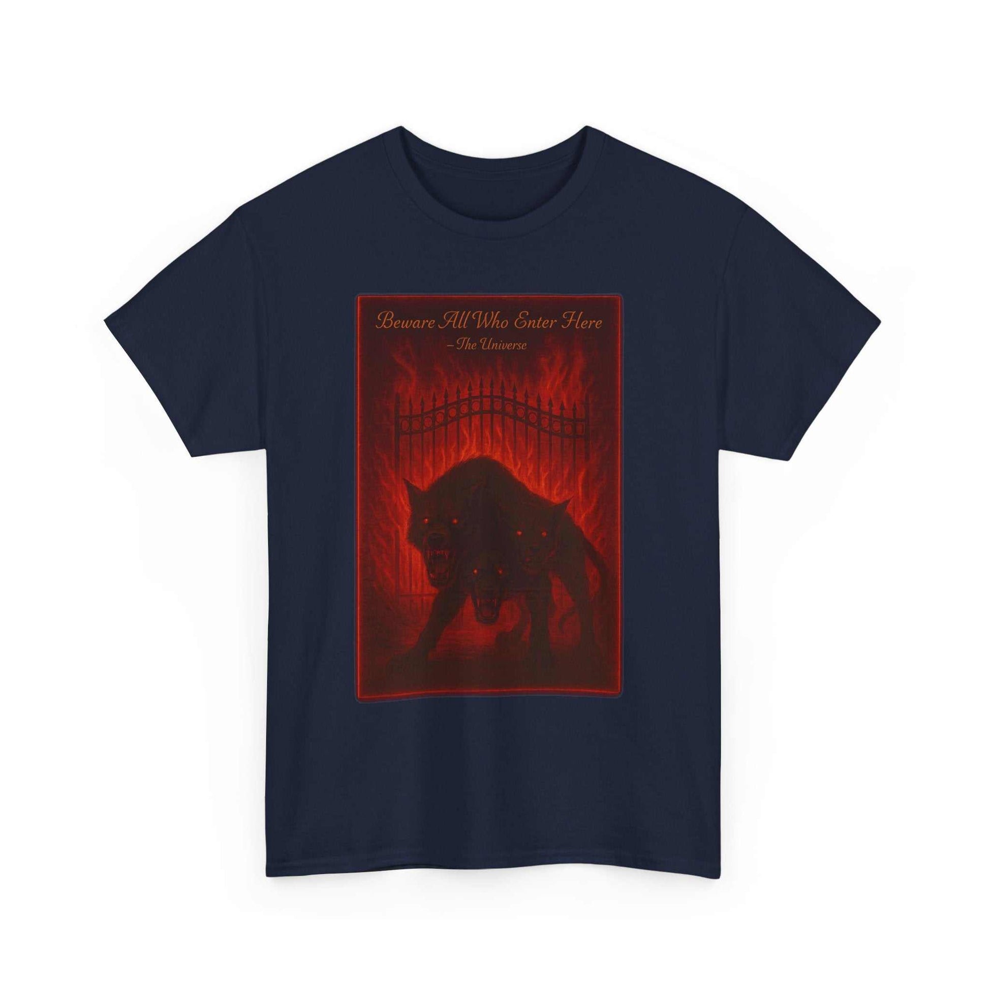 Cerberus Guard unisex heavy cotton t-shirt with dark three-headed hound mythical creature design