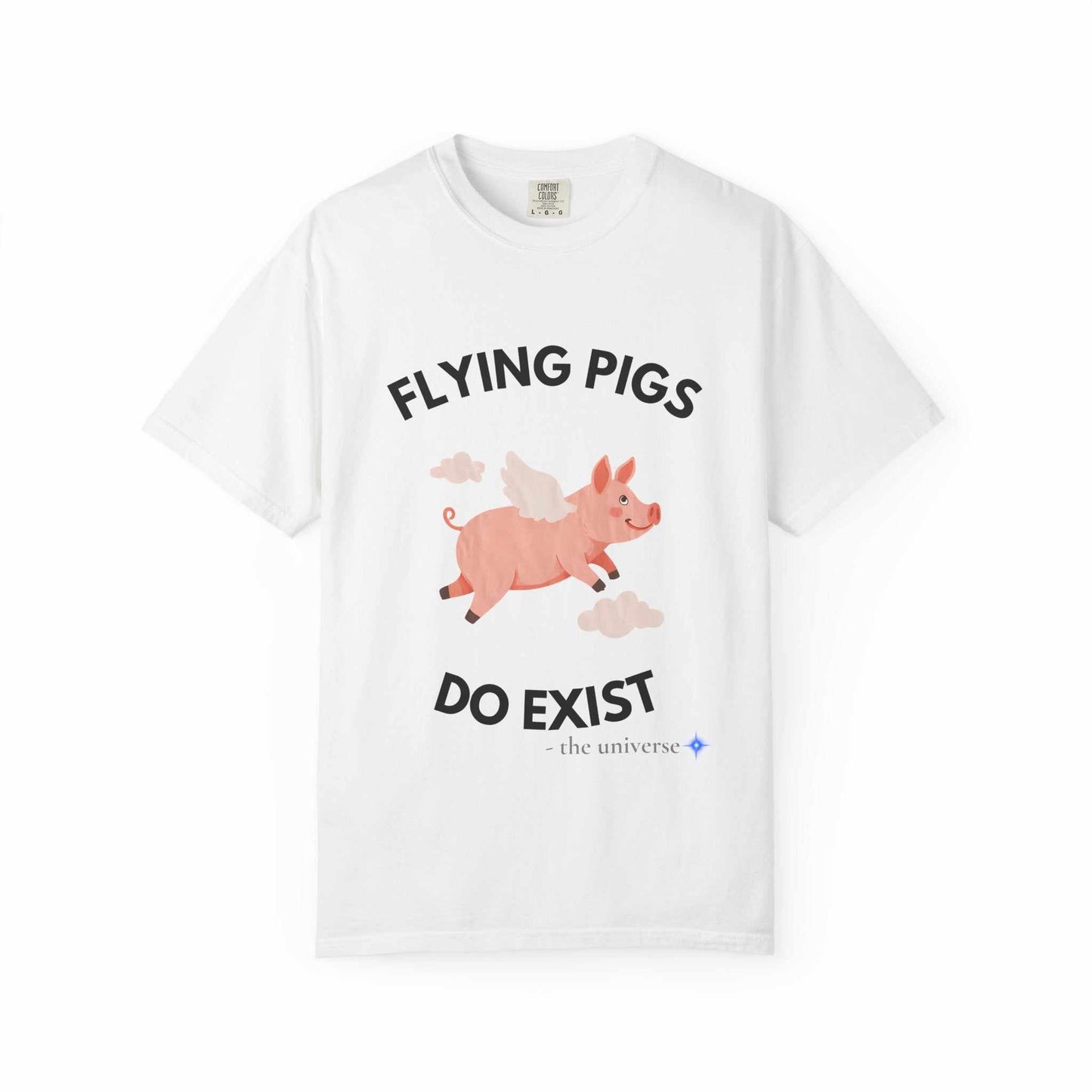 A white t-shirt with a graphic of a flying pig and the text "Flying Pigs Do Exist".