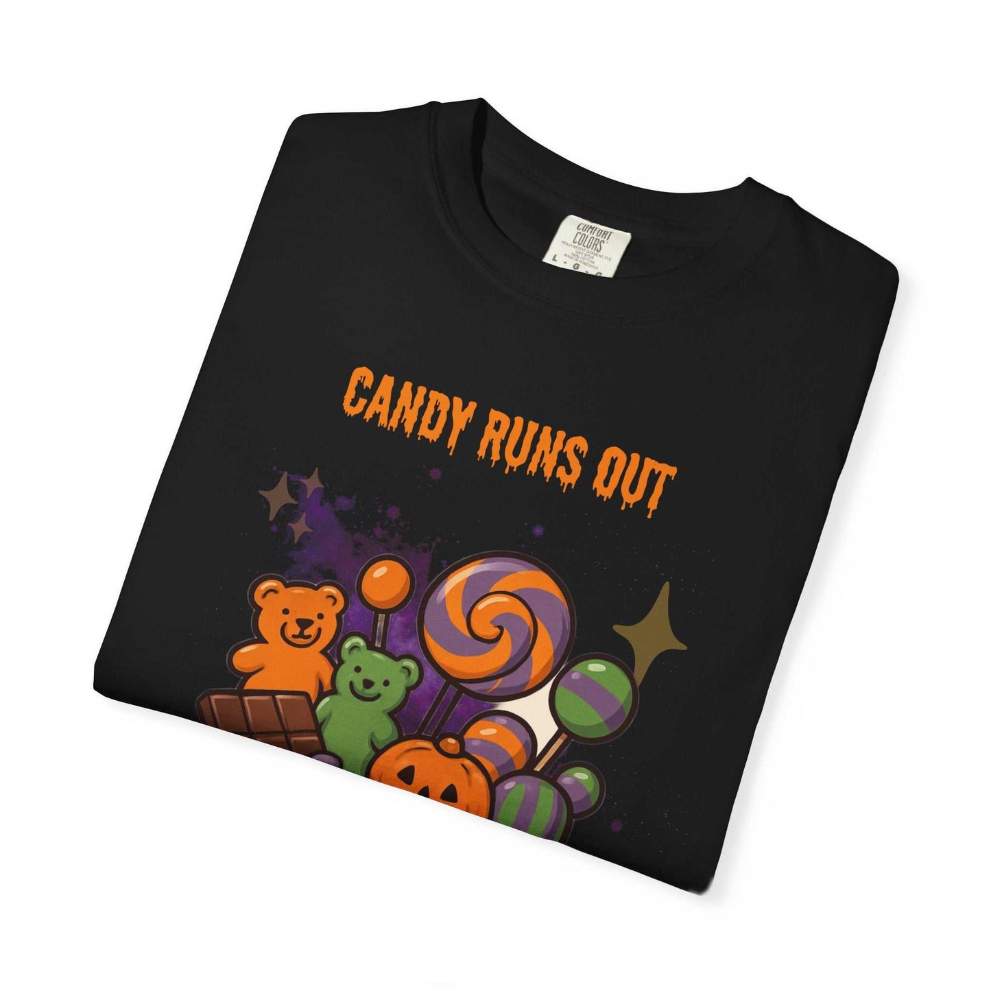 Black t-shirt with "Candy Runs Out" text and Halloween candy graphic.