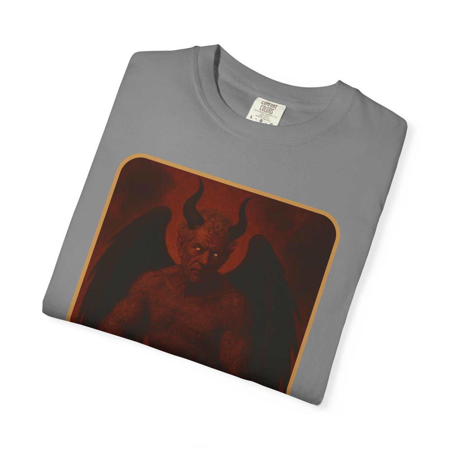 Folded gray unisex cotton t-shirt with devil graphic and "Devil Rethink Your Pride" design