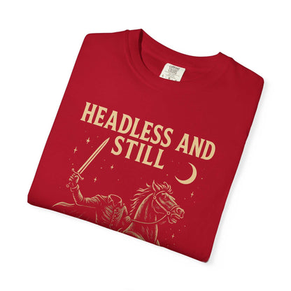 Red Headless Horseman shirt with spooky motivational design and eco-friendly print