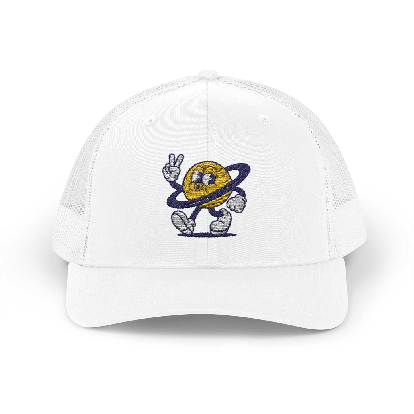 White Planet Smile trucker cap with retro cartoon planet patch and mesh back