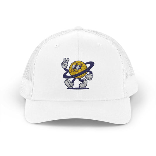 White Planet Smile trucker cap with retro cartoon planet patch and mesh back
