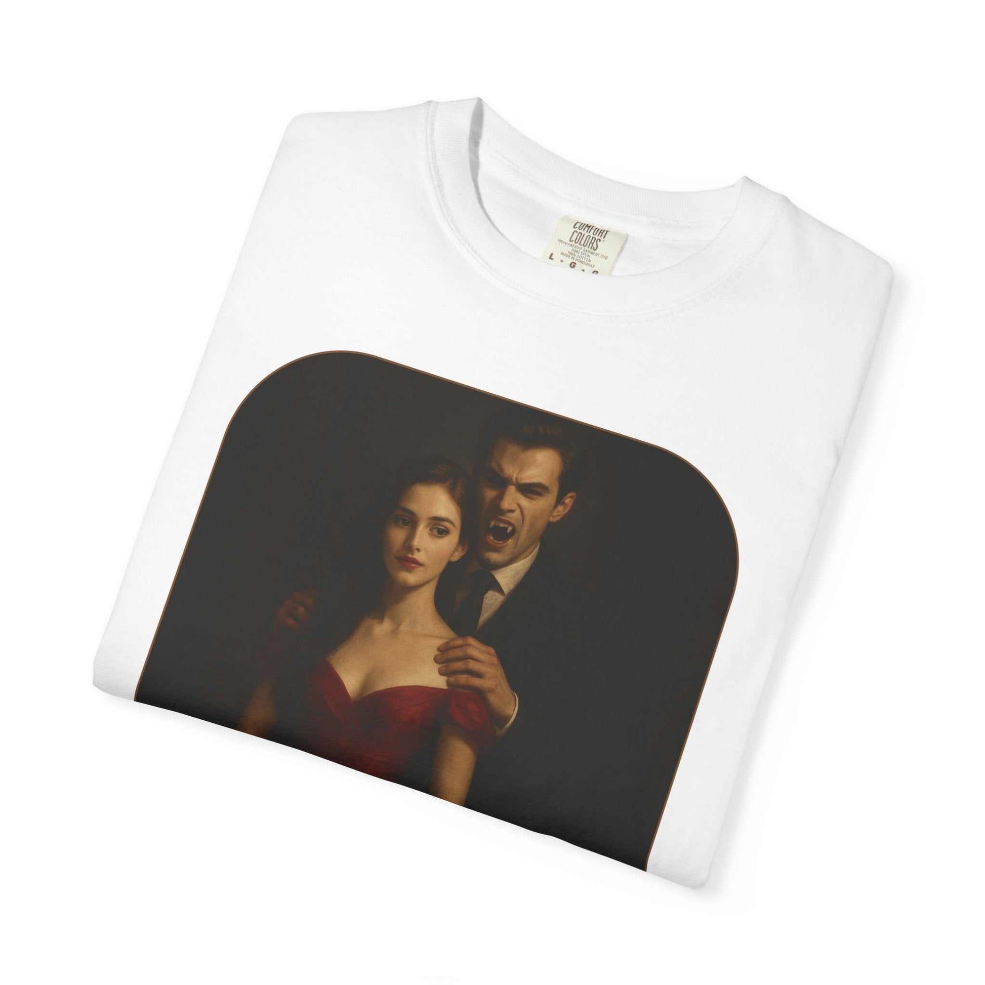 White unisex cotton Vampire Graphic T-Shirt with gothic horror vampire and woman design