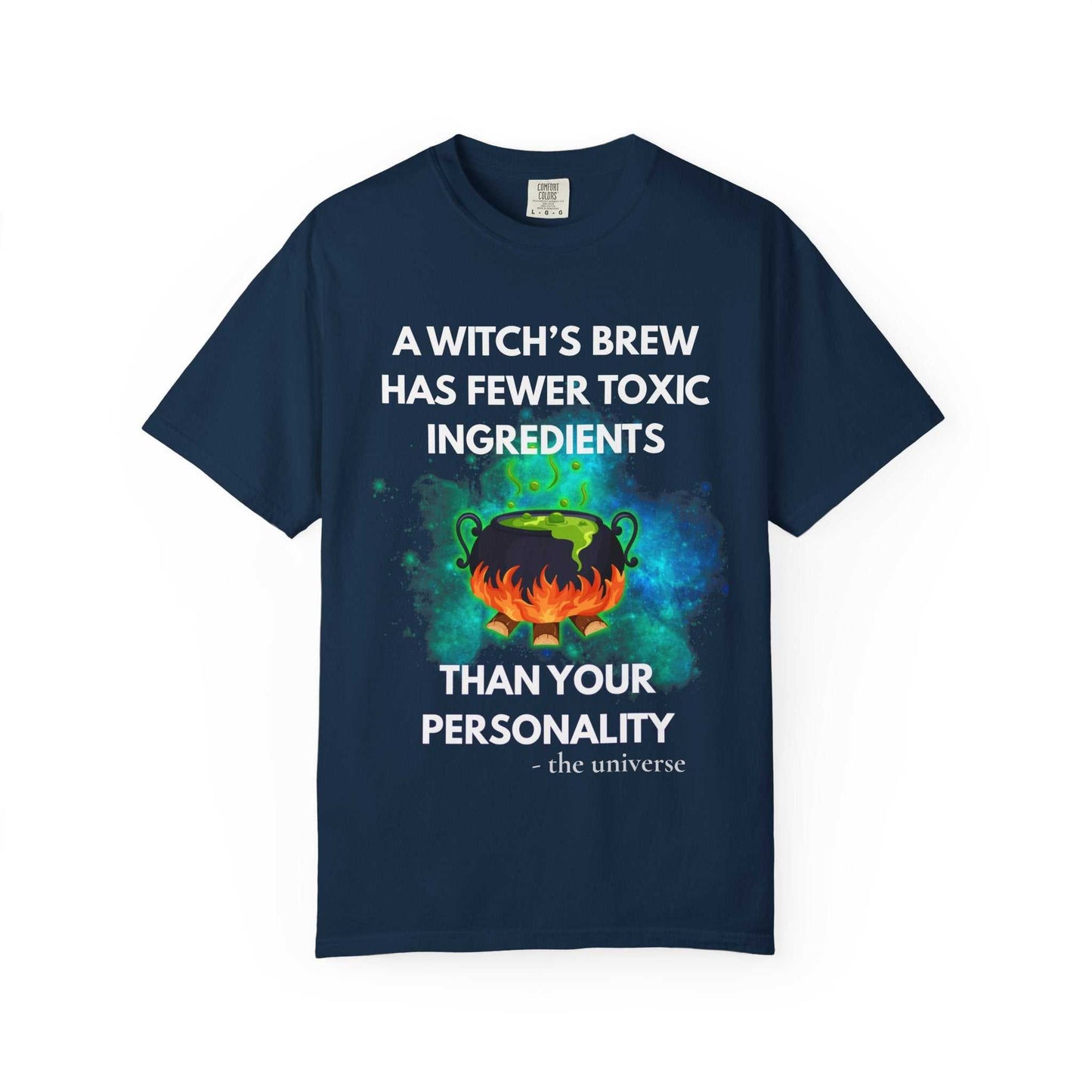 Navy t-shirt with a witch's cauldron design and text.
