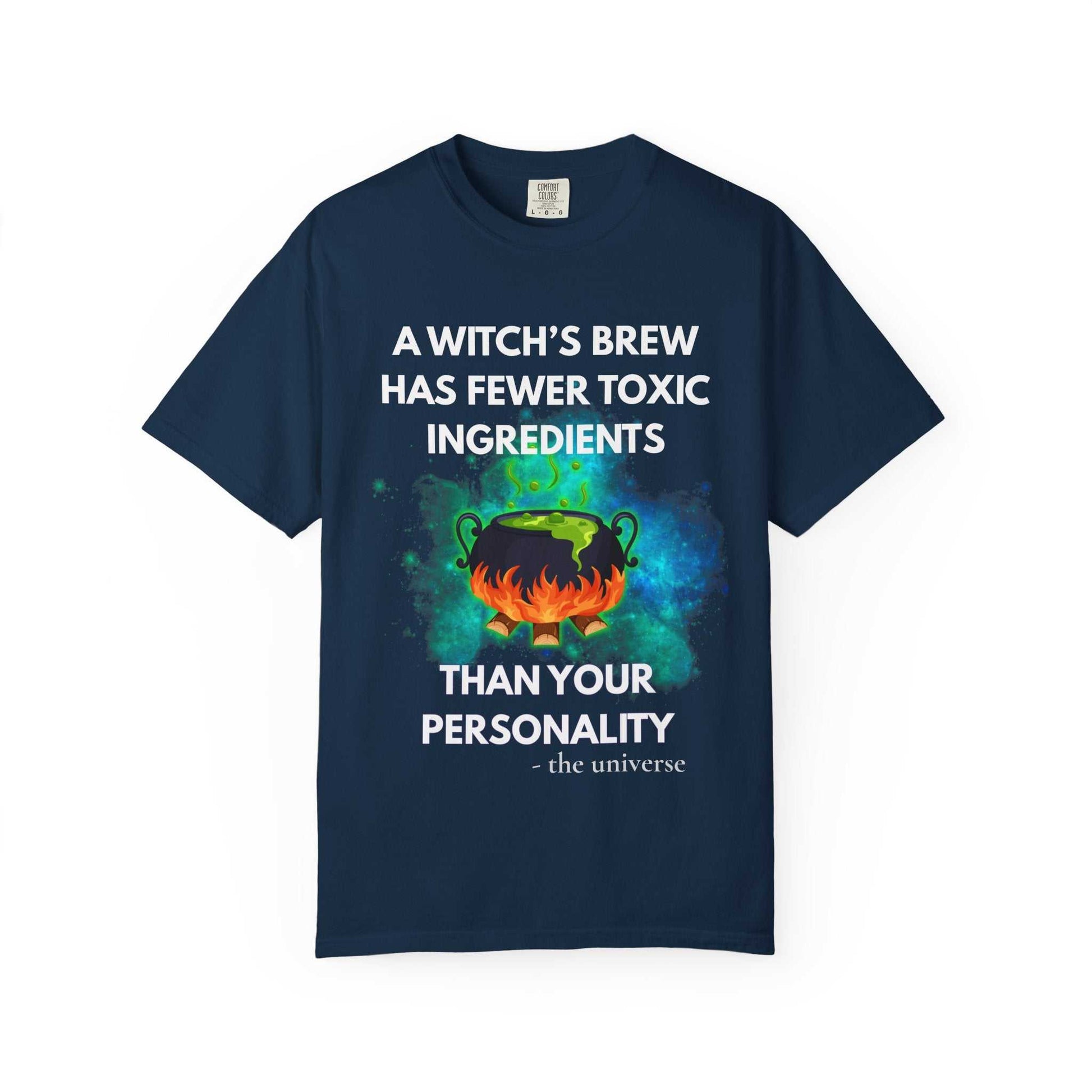 Navy t-shirt with a witch's cauldron design and text.