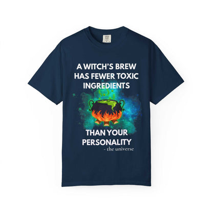 Navy t-shirt with a witch's cauldron design and text.