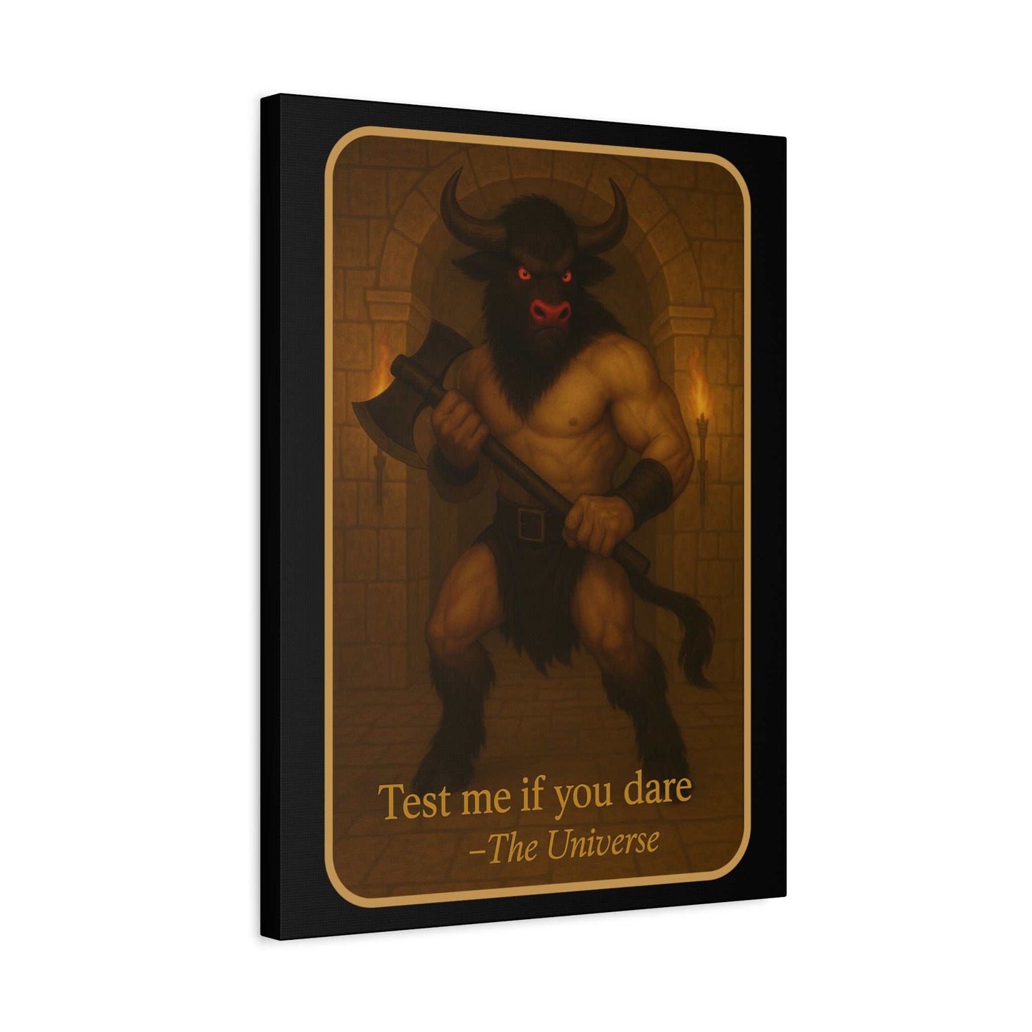 Minotaur wall art canvas with axe and text 'Test me if you dare – The Universe', fantasy decor