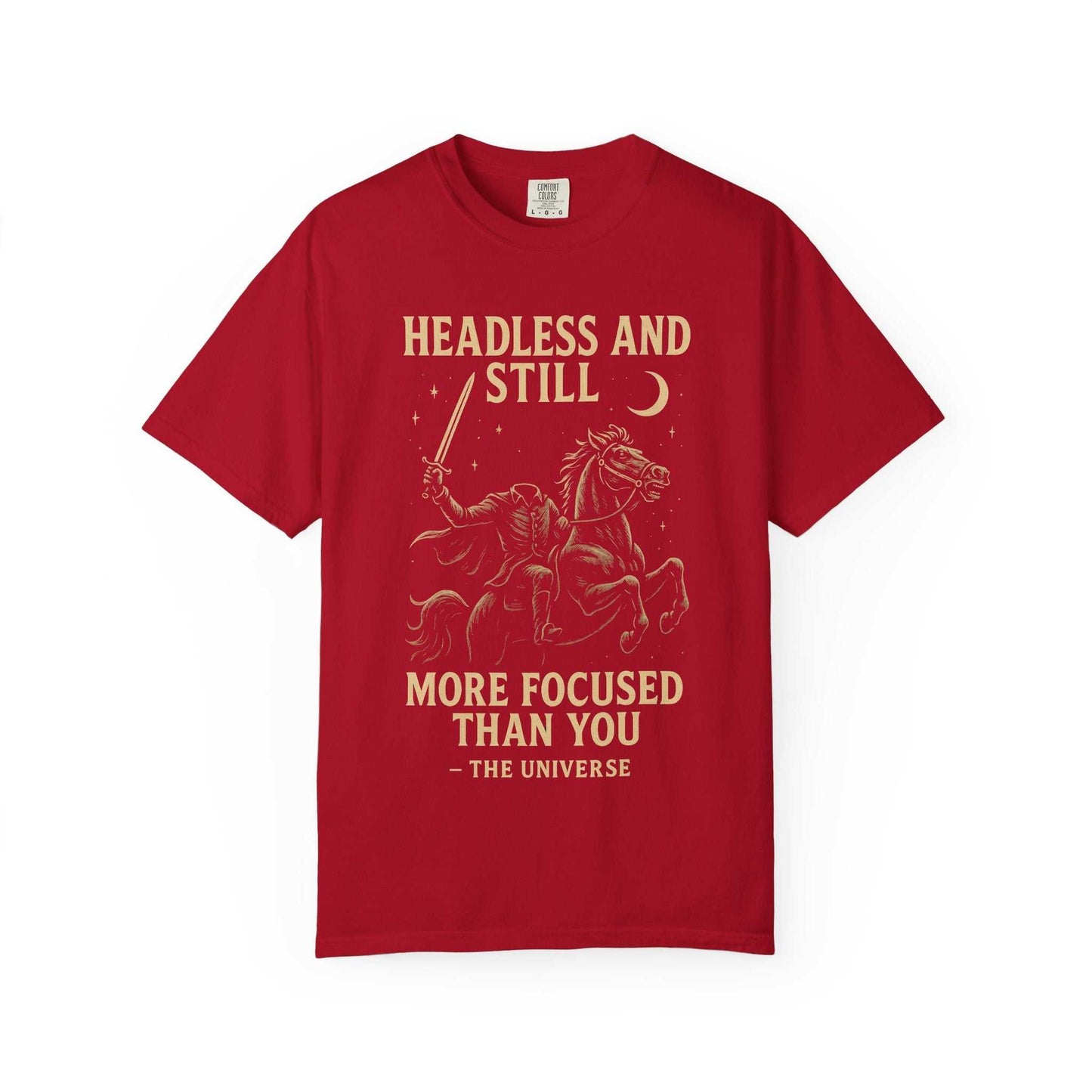 Red Headless Horseman shirt with motivational Halloween quote and horse graphic