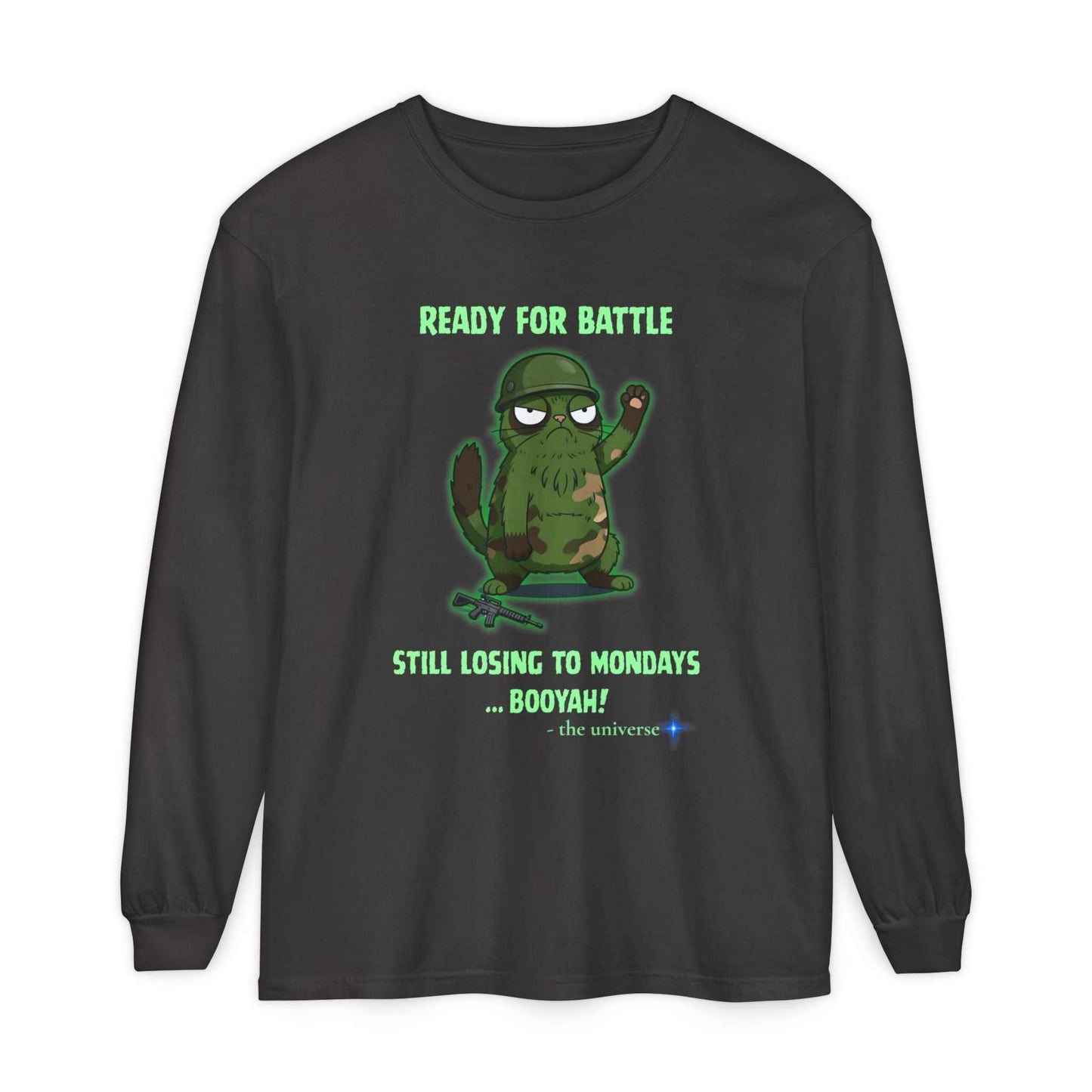 Black Comfort Colors long sleeve tee with ready for battle cactus graphic and humorous text about Mondays