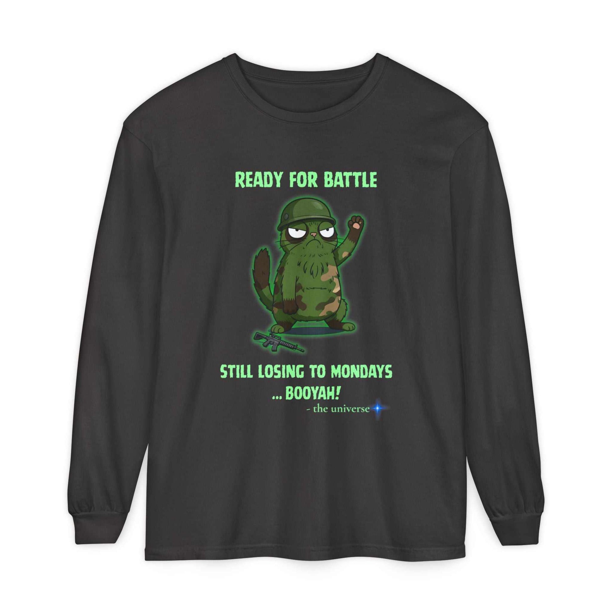 Black Comfort Colors long sleeve tee with ready for battle cactus graphic and humorous text about Mondays