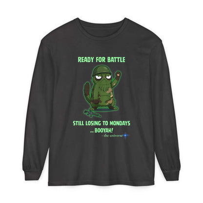 Black Comfort Colors long sleeve tee with ready for battle cactus graphic and humorous text about Mondays