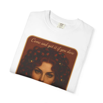 Comfort Colors Medusa Graphic T-Shirt folded with "Come and Get It" Medusa design on white cotton fabric