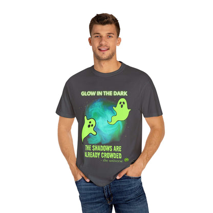A dark grey t-shirt with a glow-in-the-dark ghost design and text.