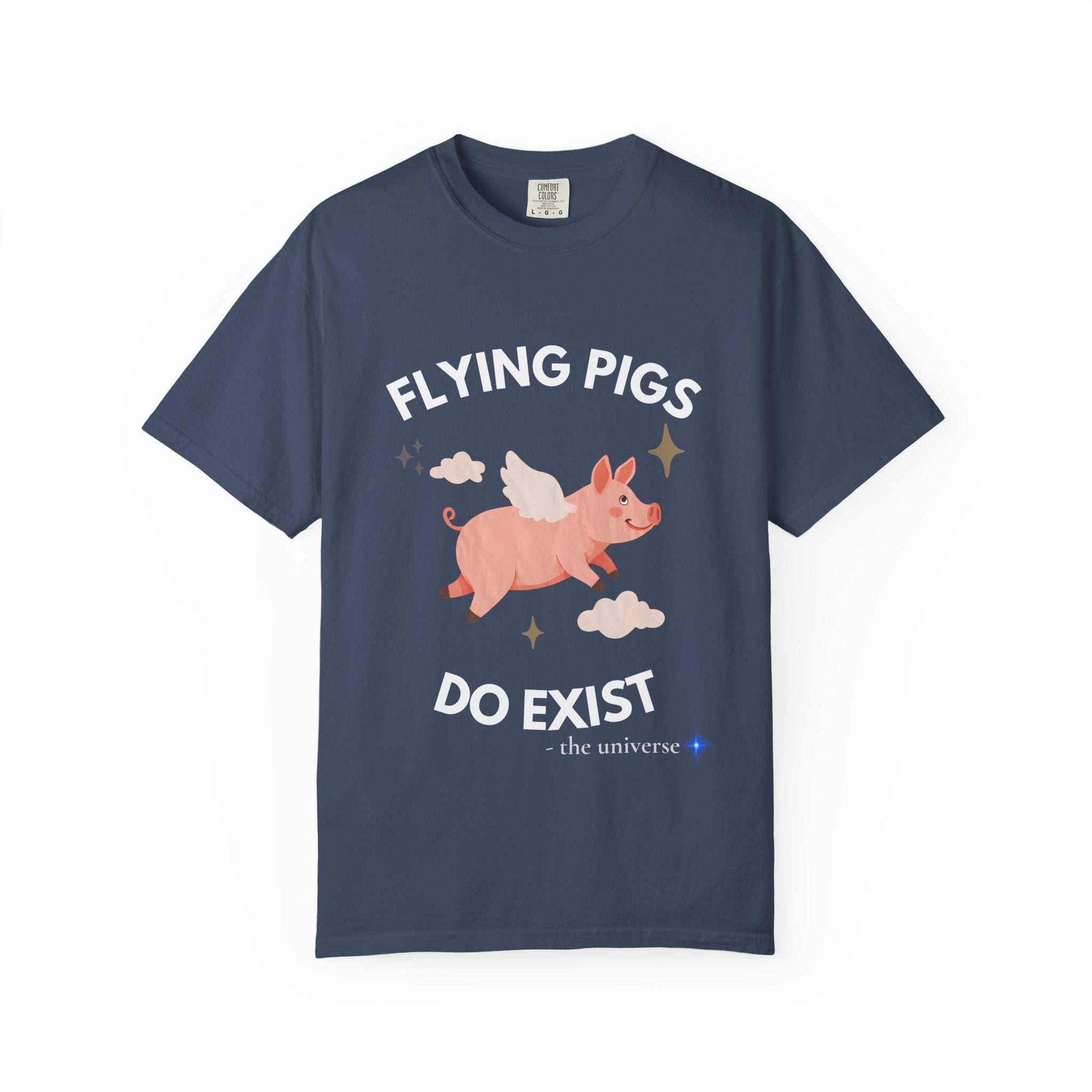A navy blue t-shirt with a graphic of a flying pig and the text "Flying Pigs Do Exist".