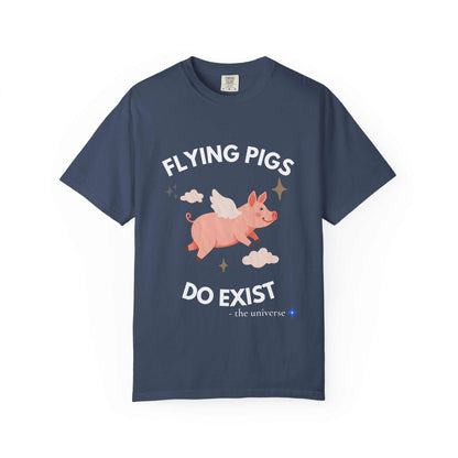 A navy blue t-shirt with a graphic of a flying pig and the text "Flying Pigs Do Exist".