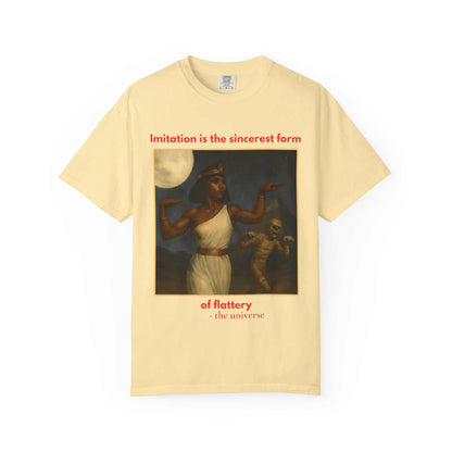 Unisex Egyptian Mummy T-Shirt in beige cotton featuring Cleopatra and mummy design with quote, soft and comfortable tee