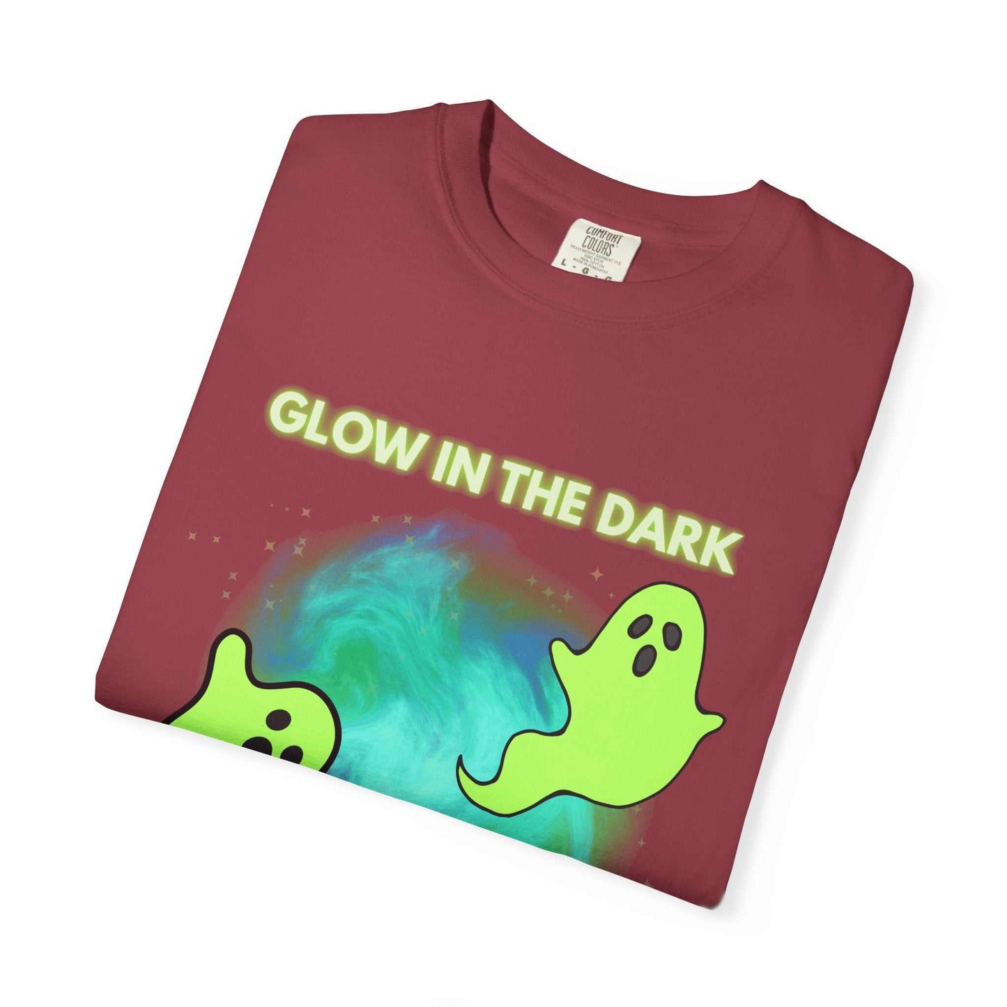 Maroon t-shirt with glow-in-the-dark ghosts and text.