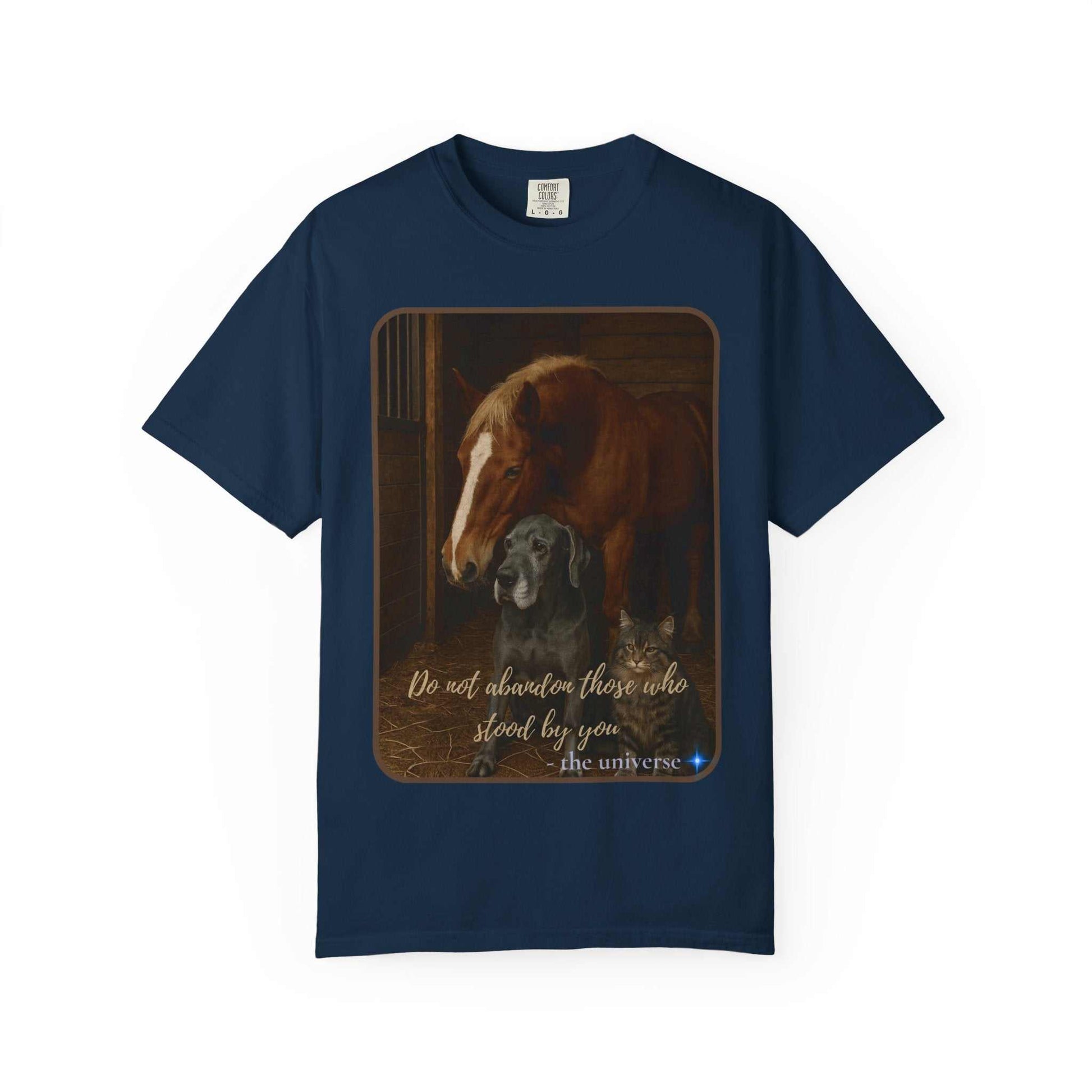 Comfort Colors navy Animal Rescue T-Shirt with horse, dog, and cat graphic and "Do Not Abandon Those Who Stood By You" text