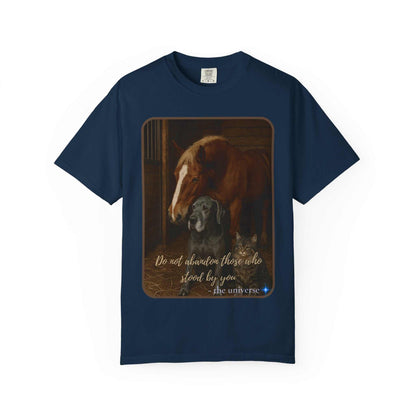 Comfort Colors navy Animal Rescue T-Shirt with horse, dog, and cat graphic and "Do Not Abandon Those Who Stood By You" text