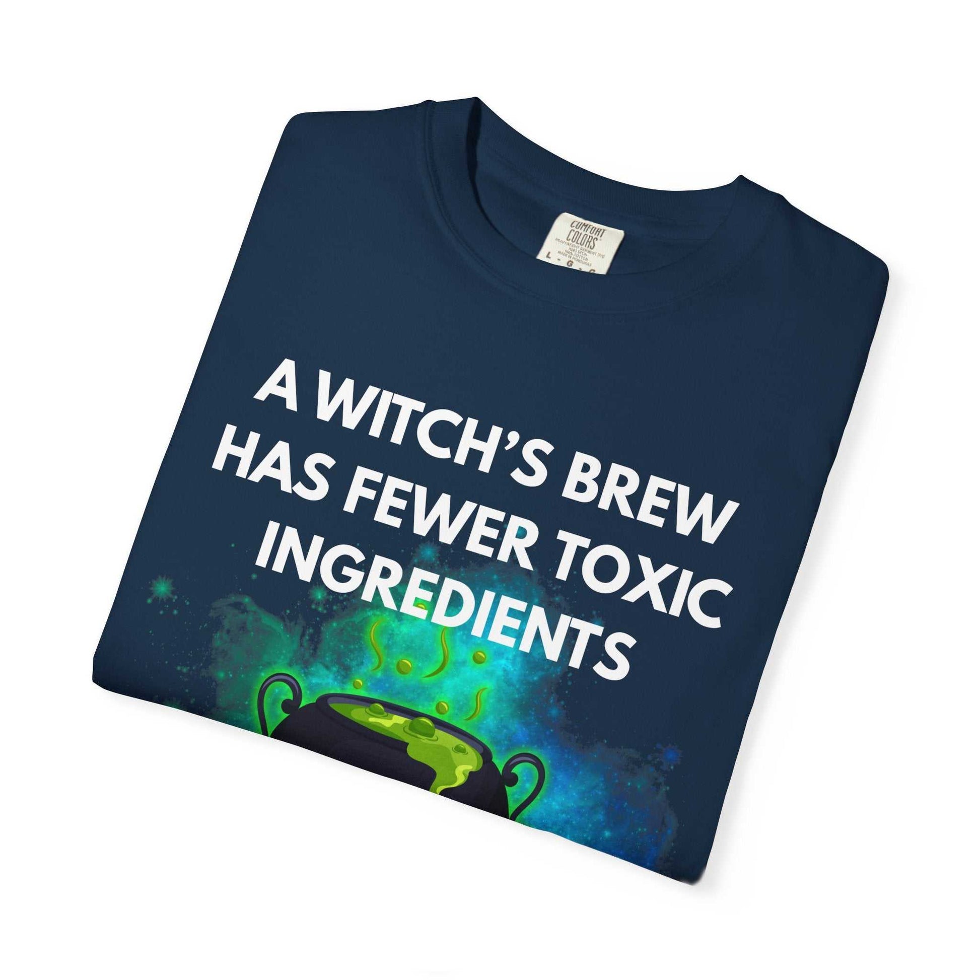 A navy t-shirt with a witch's brew design and text.