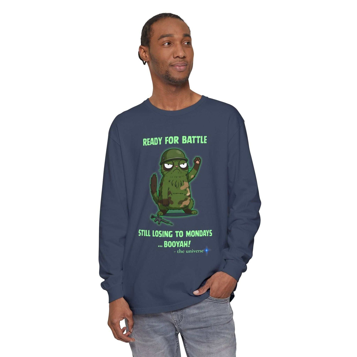 Man wearing navy Comfort Colors long sleeve tee with "Ready for battle, still losing to Mondays... Booyah!" graphic and cactus character