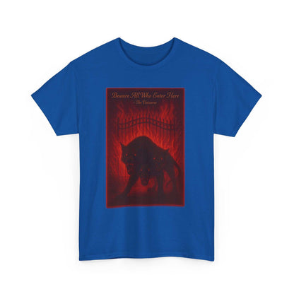 Cerberus Guard unisex heavy cotton t-shirt with dark red three-headed dog mythical creature design on blue background