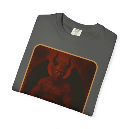 Devil Rethink Your Pride unisex garment-dyed cotton t-shirt with dark red devil graphic on gray background