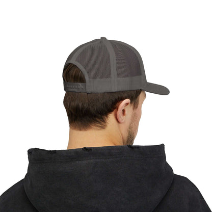 Gray Planet Smile Trucker Cap with breathable mesh back and adjustable snap closure shown from the rear on a man