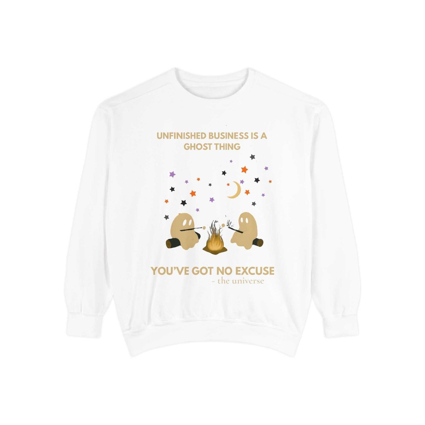 Comfort Colors unisex white spooky sweater with ghost campfire design and Halloween text