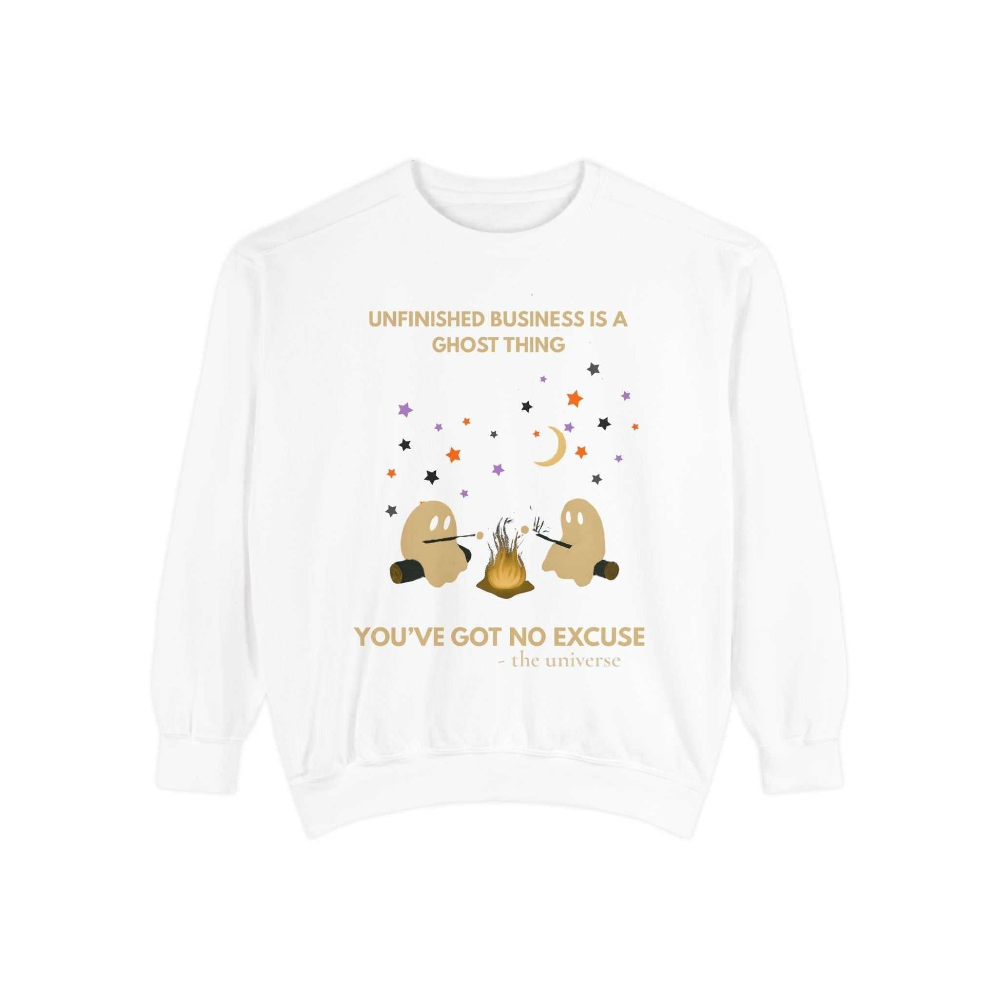 Comfort Colors unisex white spooky sweater with ghost campfire design and Halloween text