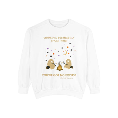 Comfort Colors unisex white spooky sweater with ghost campfire design and Halloween text