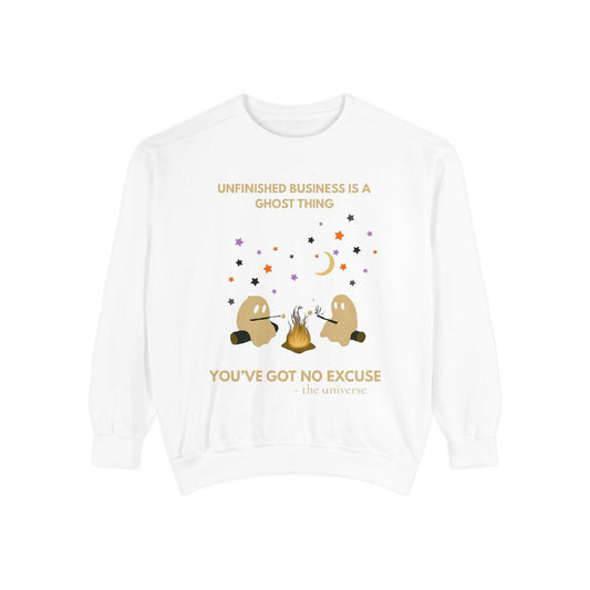 Comfort Colors unisex white spooky sweater with ghost campfire design and Halloween text