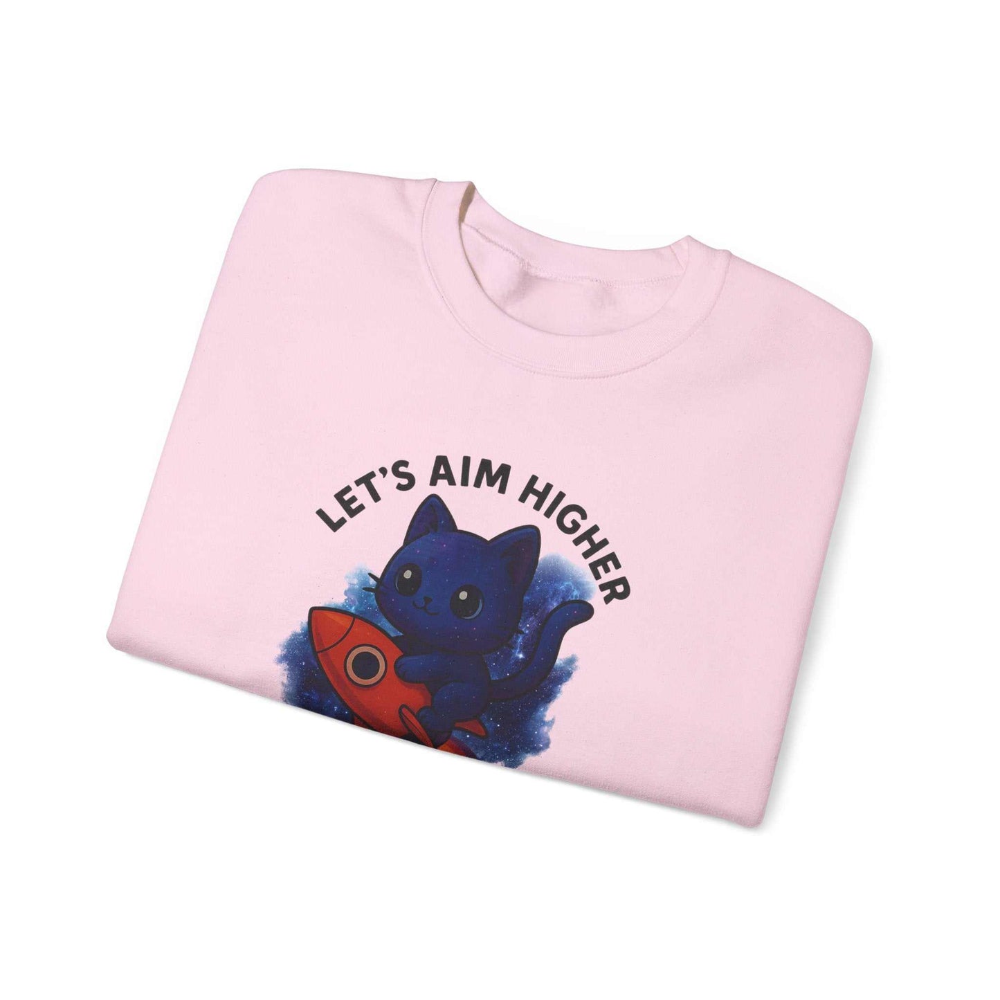 Crewneck Sweatshirt — 'Let's Aim Higher than Survive' Cat Rocket Inspirational Graphic
