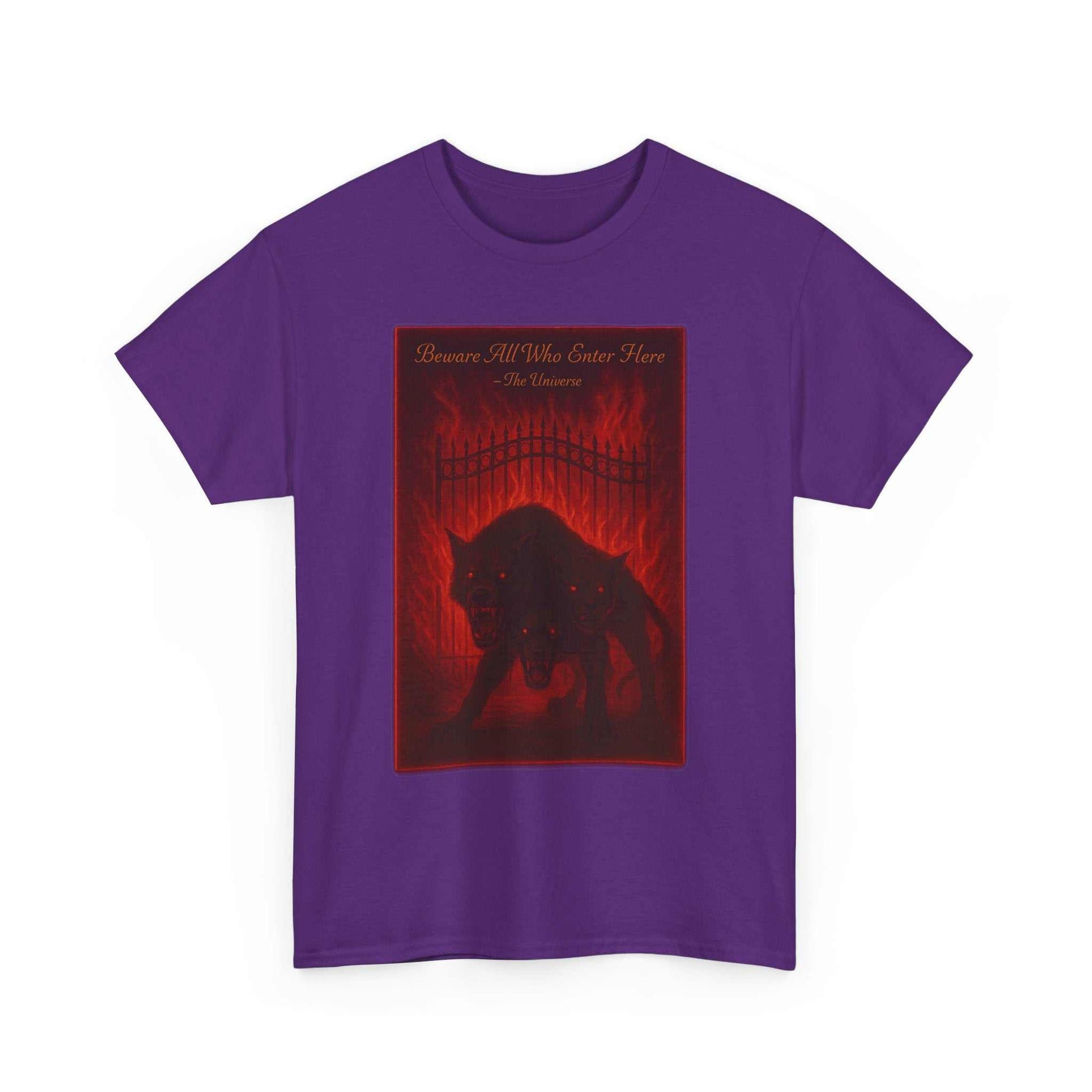 Cerberus Guard unisex heavy cotton t-shirt with dark mythical three-headed dog design on purple tee
