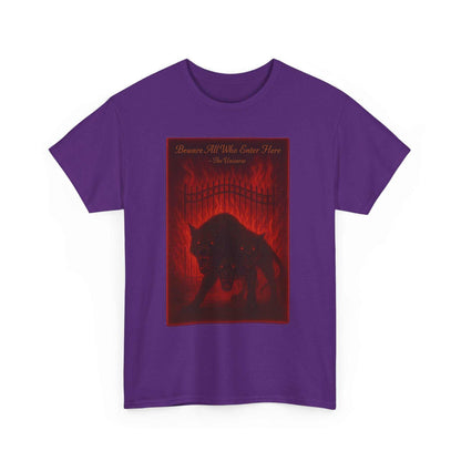 Cerberus Guard unisex heavy cotton t-shirt with dark mythical three-headed dog design on purple tee