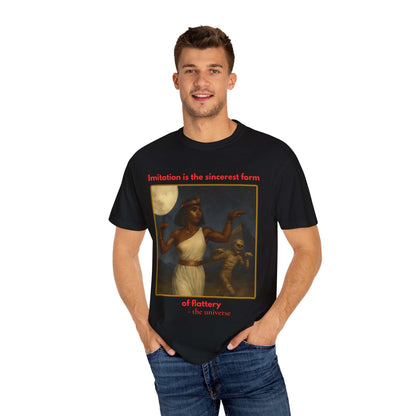 Unisex black Egyptian Mummy T-Shirt featuring Cleopatra and mummy graphic with red text, made of 100% cotton