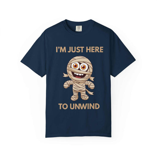 Navy unisex Halloween t-shirt with playful mummy graphic and "I'm just here to unwind" text, fun holiday costume tee