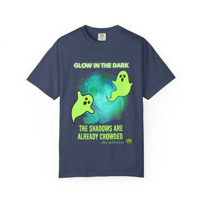 Unisex navy Glow-in-the-Dark Ghost T-Shirt with green glowing ghost design and Halloween text