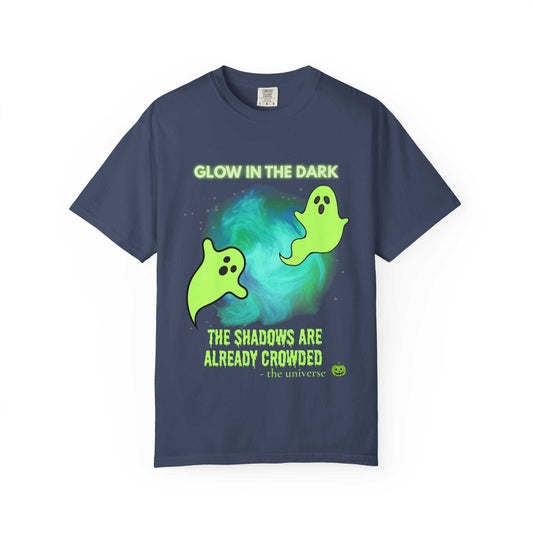Unisex navy Glow-in-the-Dark Ghost T-Shirt with green glowing ghost design and Halloween text